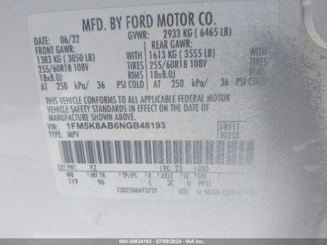 1FM5K8AB6NGB48193 Ford Police Interceptor Utility