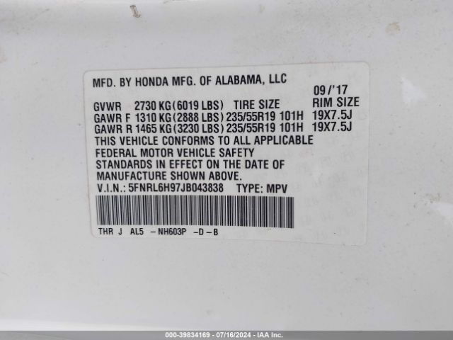 5FNRL6H97JB043838 Honda Odyssey Elite
