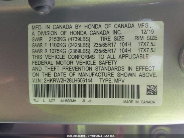 2HKRW2H28LH606144 Honda Cr-v Awd Lx