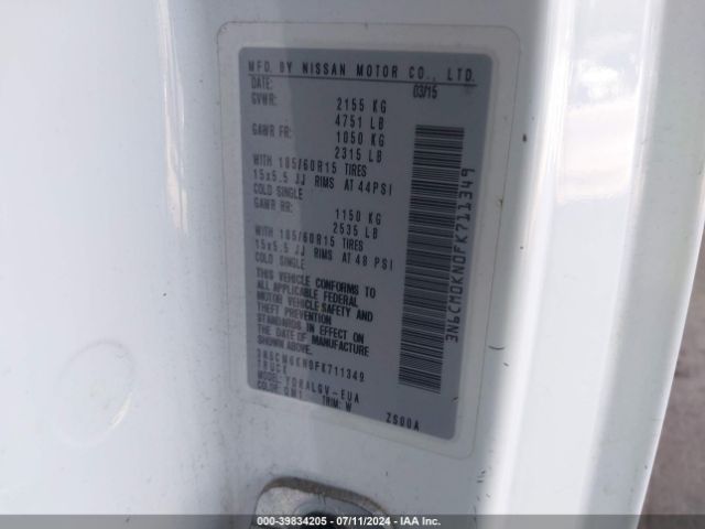3N6CM0KN0FK711349 Nissan NV200 SV