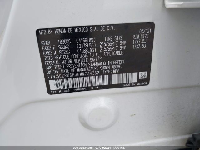 3CZRU6H36MM734362 Honda Hr-v Awd Lx
