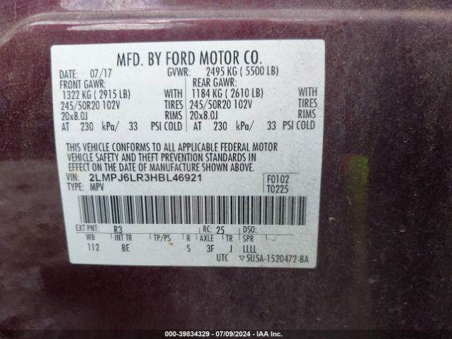 2LMPJ6LR3HBL46921 Lincoln Mkx Reserve