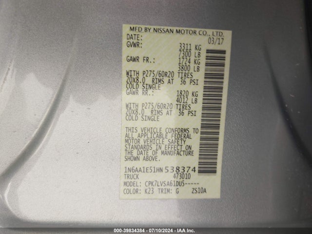 Nissan Titan Sl 2017 1N6AA1E51HN538374 Image 9