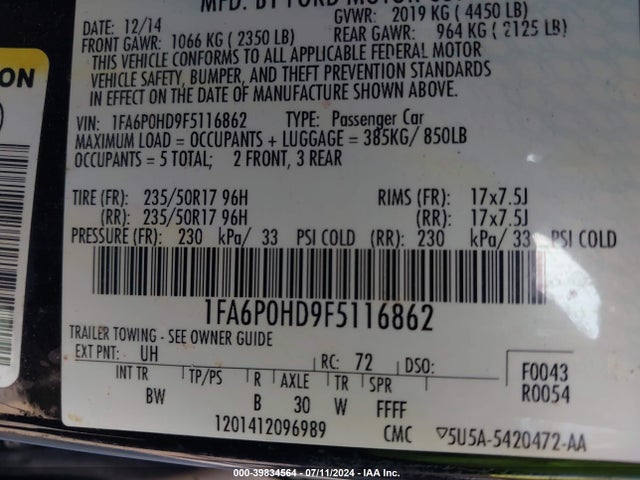 Ford FUSION SE 2015 1FA6P0HD9F5116862 Image 9