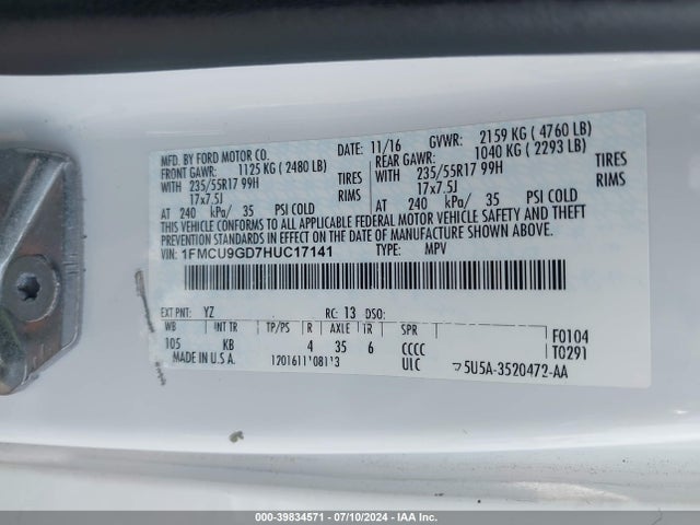 Ford ESCAPE SE 2017 1FMCU9GD7HUC17141 Image 9