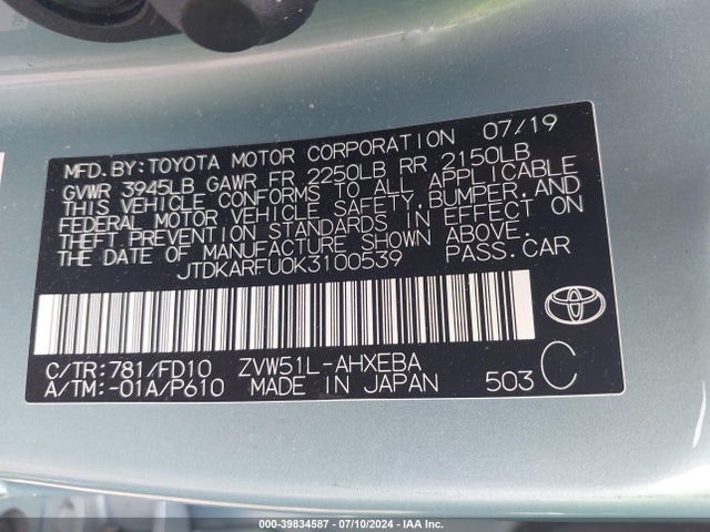 Toyota Prius Le 2019 JTDKARFU0K3100539 Image 9