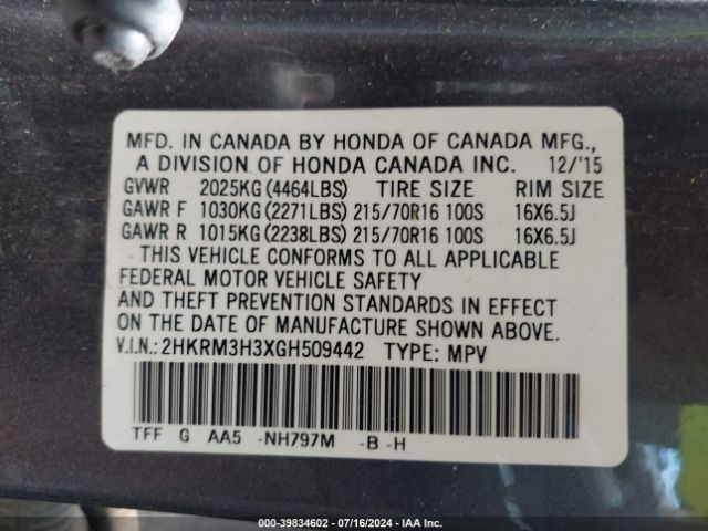 2HKRM3H3XGH509442 Honda CR-V LX