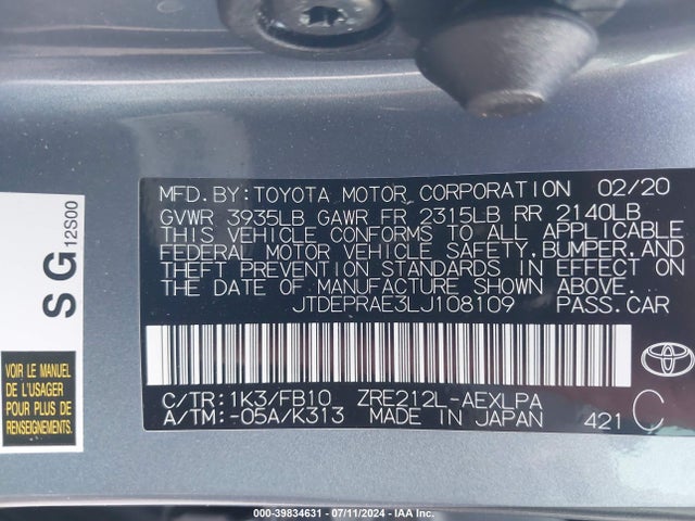 Toyota COROLLA LE 2020 JTDEPRAE3LJ108109 Image 9