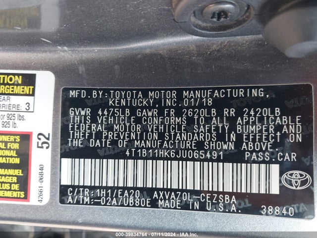 Toyota CAMRY SE 2018 4T1B11HK6JU065491 Image 9