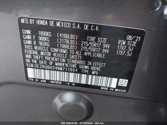 3CZRU6H34NM711664 Honda Hr-v Awd Lx