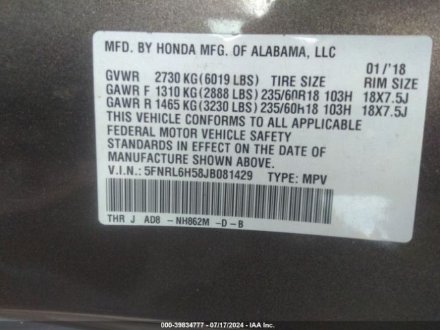5FNRL6H58JB081429 Honda ODYSSEY EX