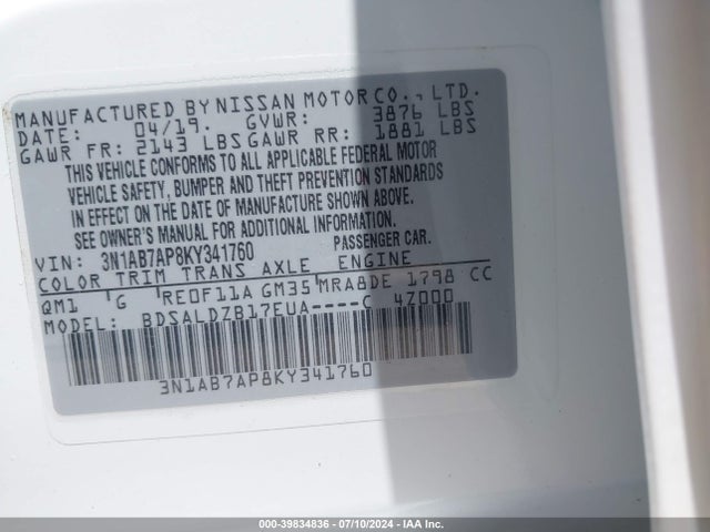Aukcja sprzedaży 2019 Nissan Sentra Sv, vin: 3N1AB7AP8KY341760, numer aukcji: 39834836
