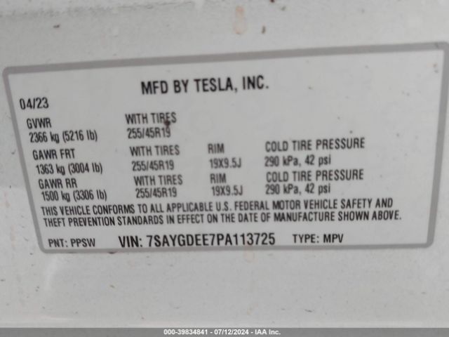 7SAYGDEE7PA113725 Tesla Model Y Awd/long Range Dual Motor All-wheel Drive
