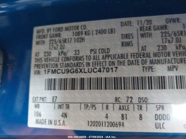 2020 FORD ESCAPE 1FMCU9G6XLUC47017 Photo 8