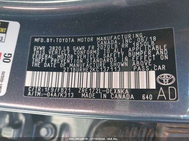 Toyota COROLLA LE 2019 2T1BURHE2KC137113 Image 9
