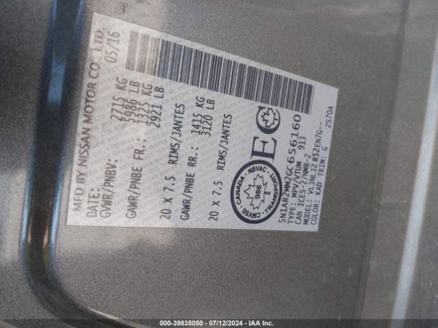 5N1AR2MM2GC656160 Nissan Pathfinder Platinum/s/sl/sv