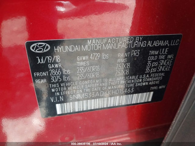 5NMS33AD6KH015463 Hyundai Santa Fe Sel Plus