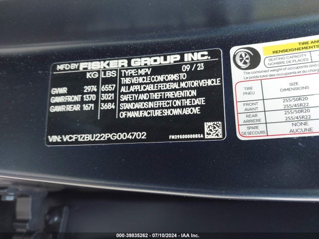 Fisker Ocean One 2023 VCF1ZBU22PG004702 Image 9