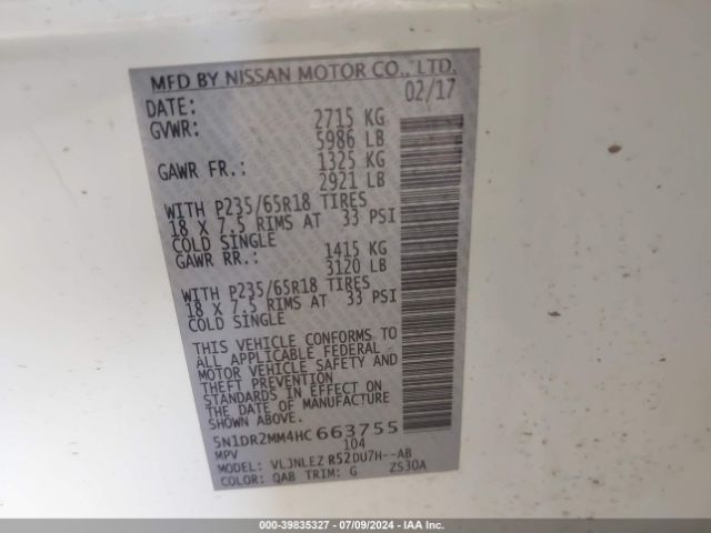 5N1DR2MM4HC663755 Nissan Pathfinder Sv