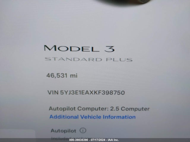 5YJ3E1EAXKF398750 Tesla Model 3 Long Range/mid Range/standard Range/standard Range Plus