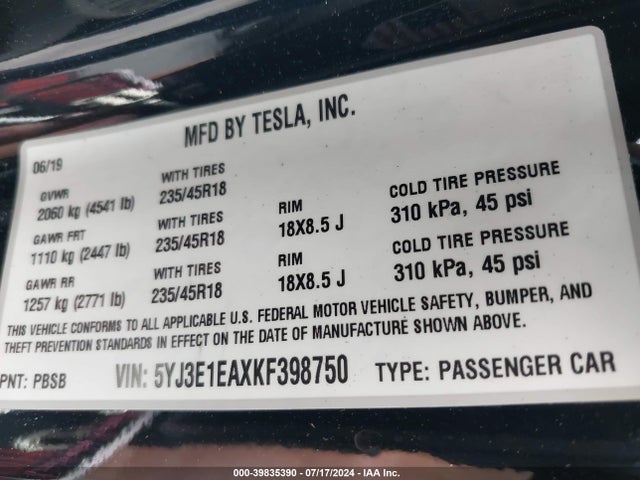 5YJ3E1EAXKF398750 Tesla Model 3 Long Range/mid Range/standard Range/standard Range Plus
