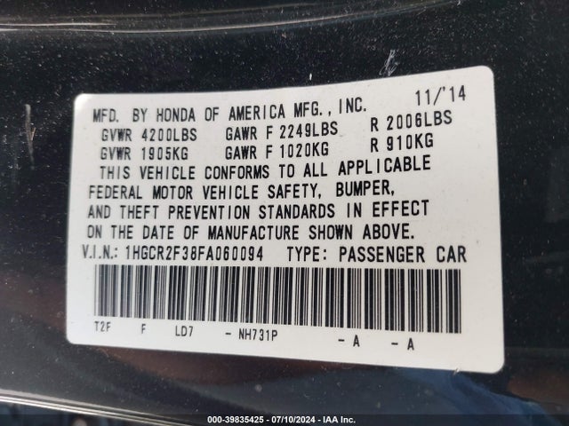 Honda ACCORD LX 2015 1HGCR2F38FA060094 Image 9