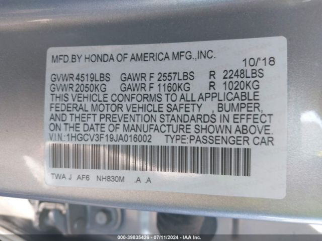 1HGCV3F19JA016002 Honda ACCORD HYBRID