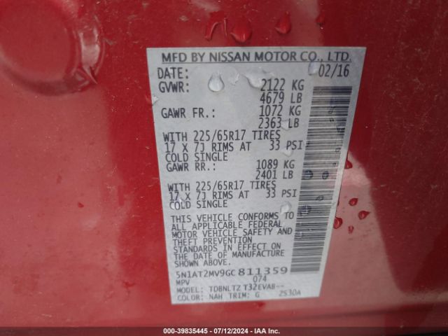 5N1AT2MV9GC811359 Nissan ROGUE SV