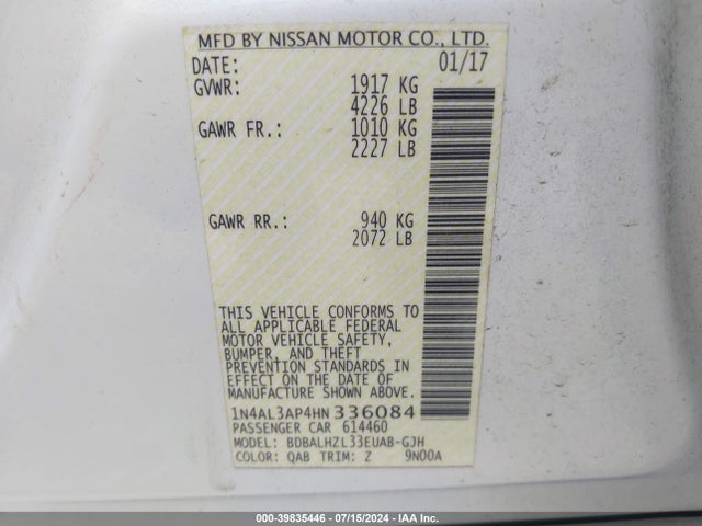 Nissan Altima 2.5 Sr 2017 1N4AL3AP4HN336084 Image 9