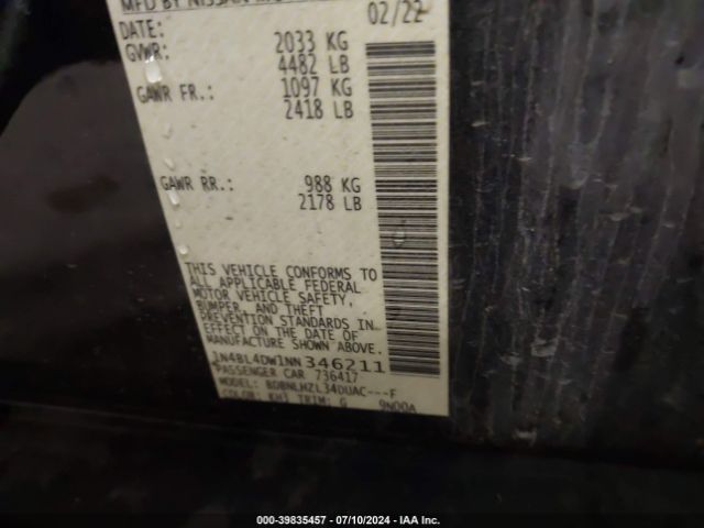 1N4BL4DW1NN346211 Nissan Altima Sv Intelligent Awd