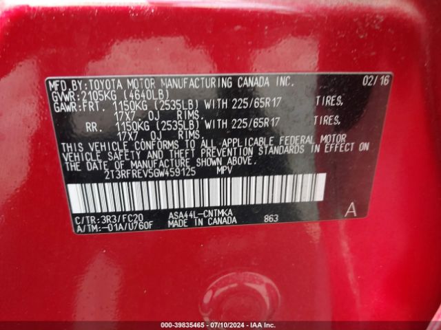 2T3RFREV5GW459125 Toyota Rav4 Xle