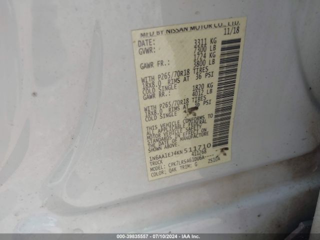 1N6AA1EJ4KN511710 Nissan TITAN S