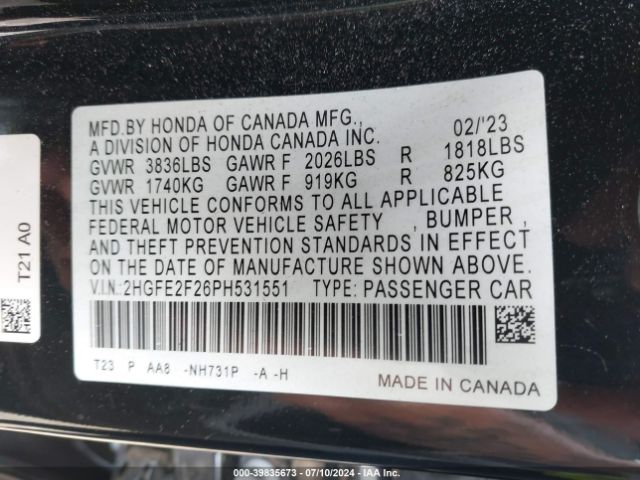 2HGFE2F26PH531551 Honda Civic Lx