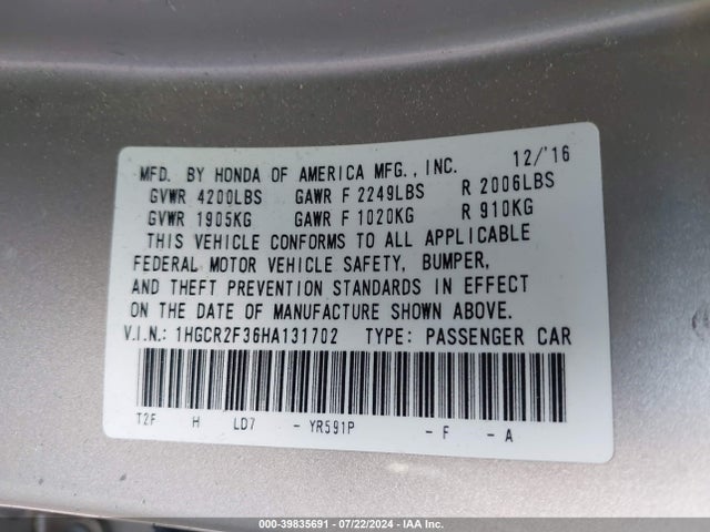 Honda ACCORD LX 2017 1HGCR2F36HA131702 Image 9