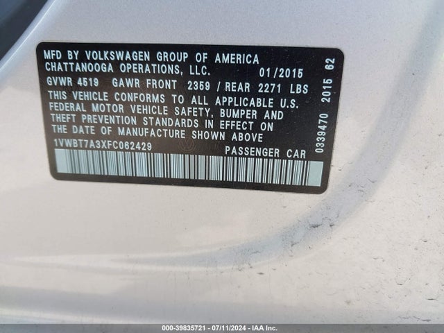 1VWBT7A3XFC062429 Volkswagen Passat 1.8t Sport
