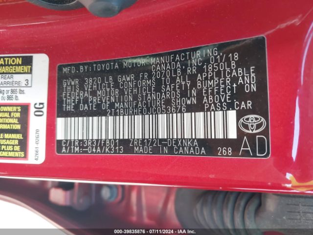 2T1BURHE0JC053676 Toyota COROLLA LE