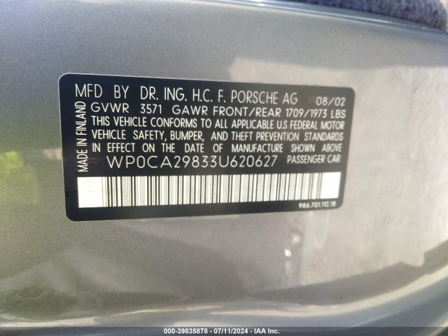 2003 PORSCHE BOXSTER WP0CA29833U620627 Photo 8