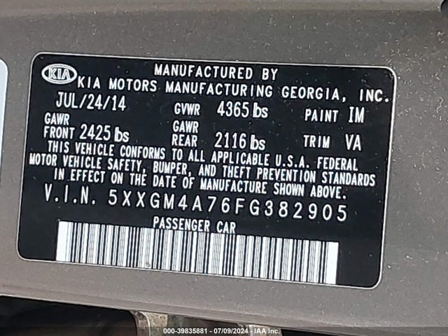 KIA Optima Lx 2015 5XXGM4A76FG382905 Image 9