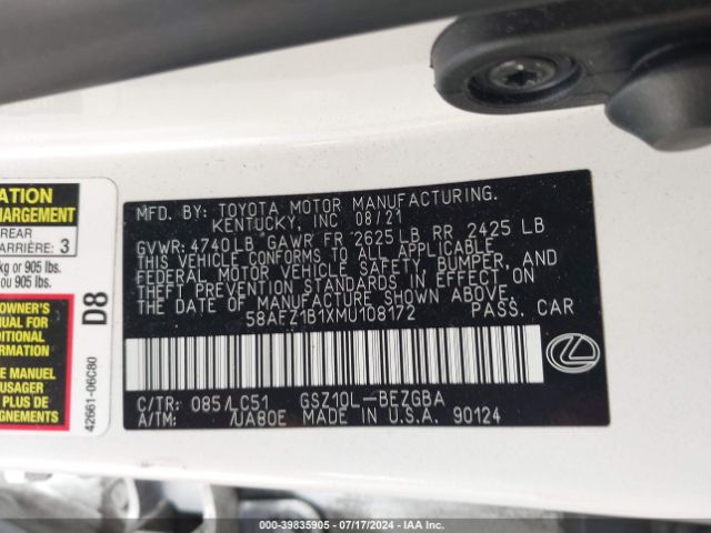 58AFZ1B1XMU108172 Lexus Es 350 Ultra Luxury