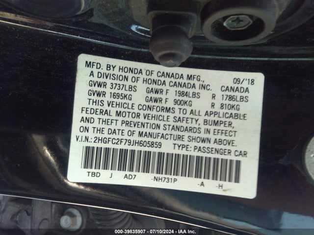 Honda CIVIC EX 2018 2HGFC2F79JH605859 Image 9