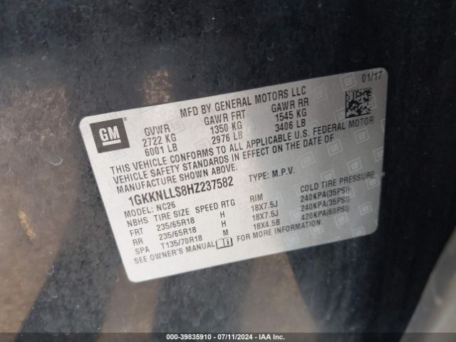 1GKKNLLS8HZ237582 GMC Acadia Sle-2