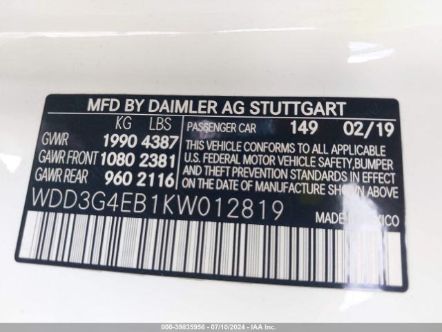 WDD3G4EB1KW012819 Mercedes-Benz A 220
