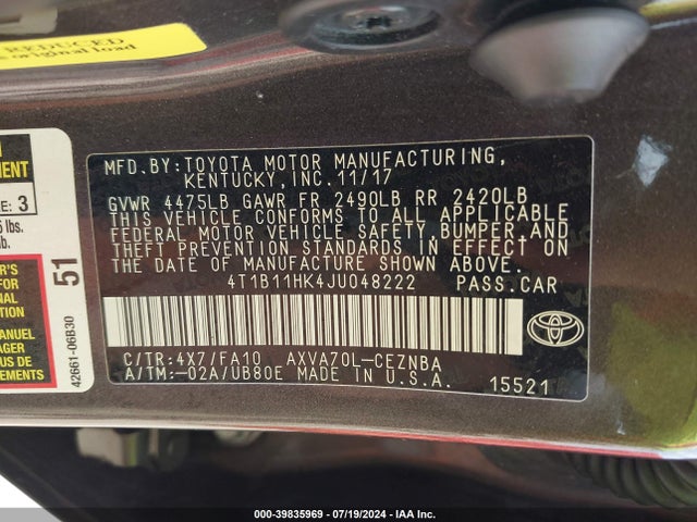 Toyota CAMRY LE 2018 4T1B11HK4JU048222 Image 9