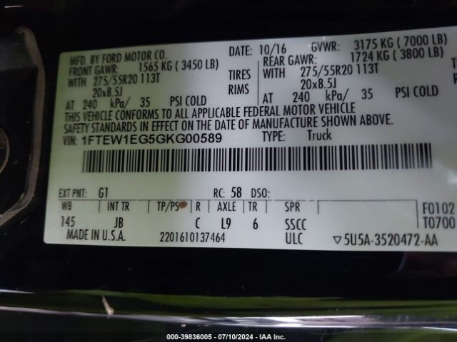 1FTEW1EG5GKG00589 Ford F-150 Xlt