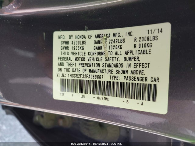 Honda ACCORD LX 2015 1HGCR2F32FA059667 Image 9