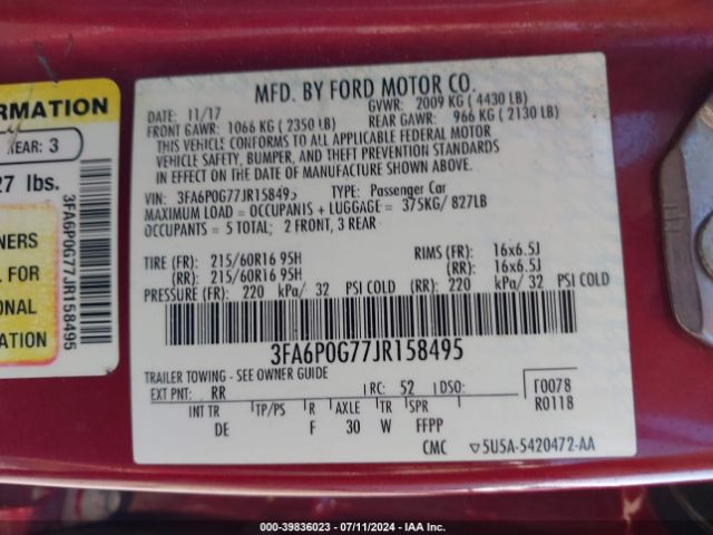 3FA6P0G77JR158495 Ford FUSION S