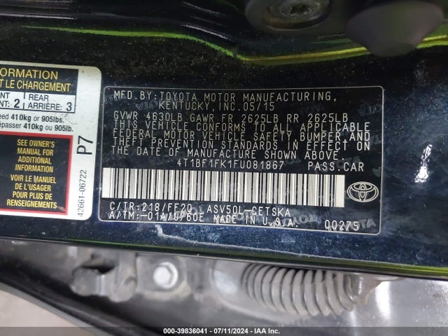 Toyota CAMRY SE 2015 4T1BF1FK1FU081867 Image 9