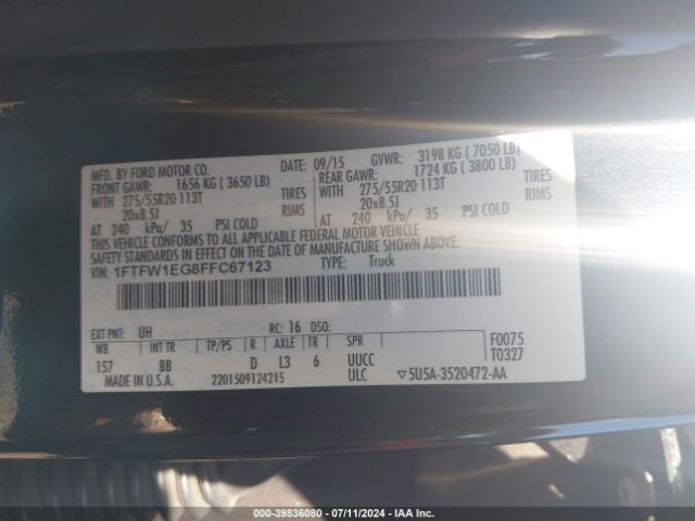 1FTFW1EG8FFC67123 Ford F-150 Platinum