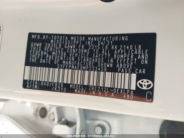 Toyota COROLLA LE 2021 5YFEPMAE8MP233459 Image 9