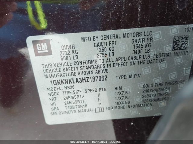 1GKKNKLA3HZ187062 GMC Acadia Sle-1